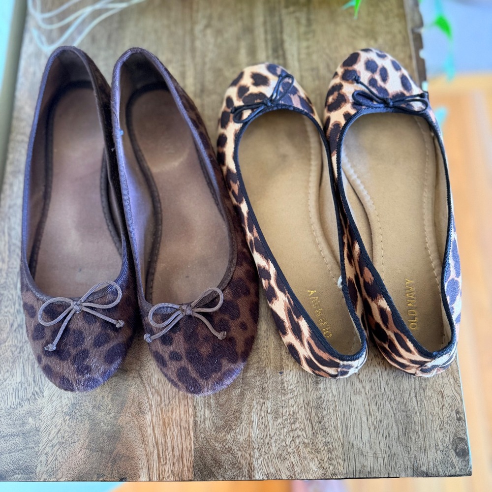 Old Navy Ballet Flats Womens 8 Brown Leopard Print Bundle 2 Pairs Bow Accents - Picture 2 of 15